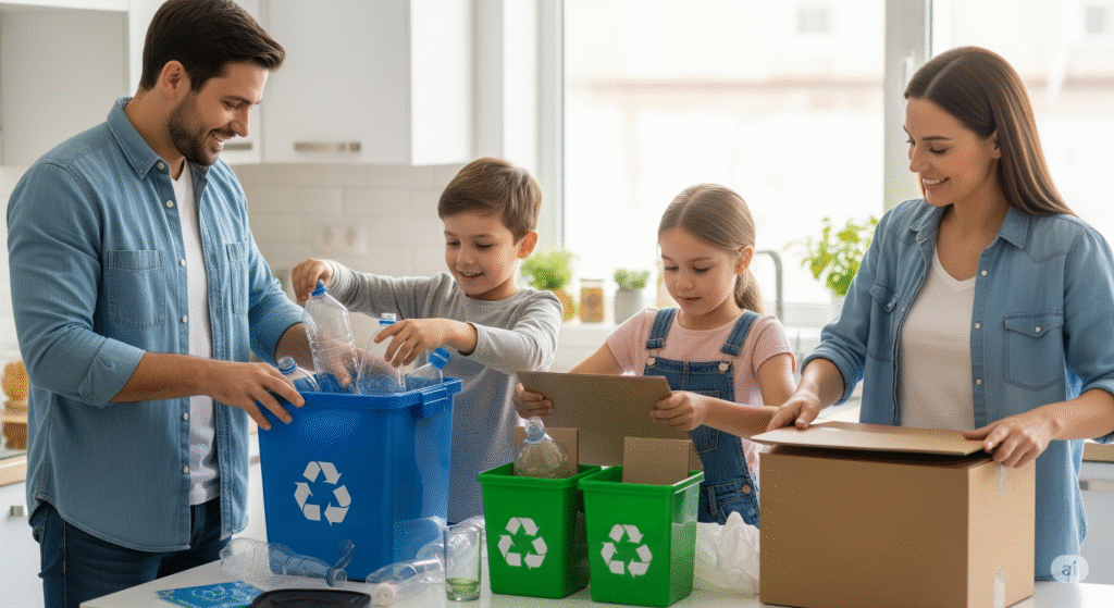 Rodzina wspólnie segreguje śmieci