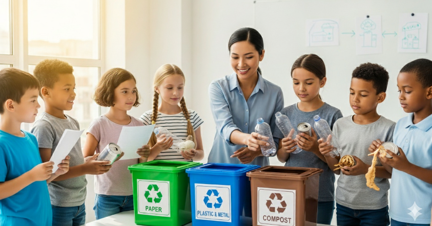 Nauczycielka uczy dzieci jak segregować śmieci