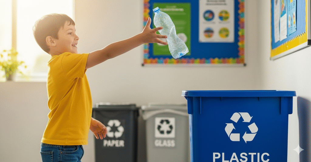 Grafika pokazująca dzieciaka wyrzucającego plastik do kosza z plastikami