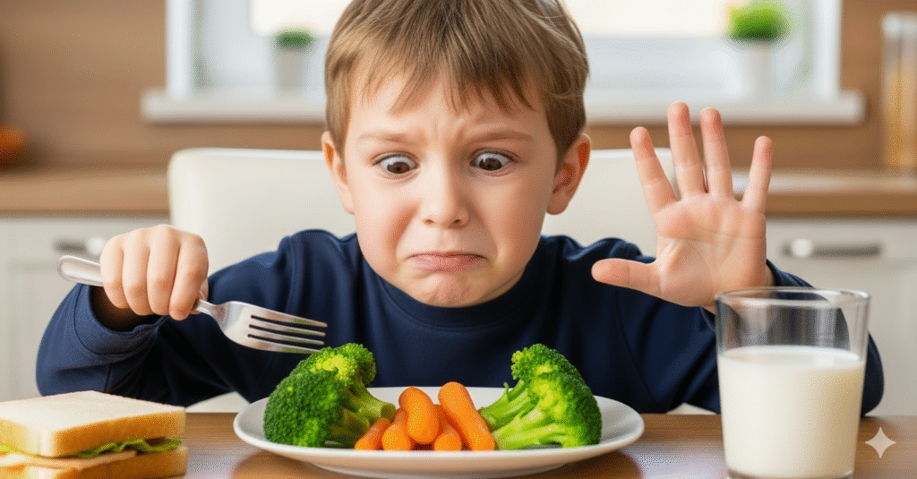Obraz pokazujący dziecko nie chce jeść warzyw