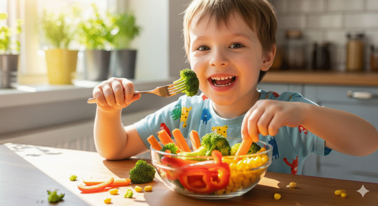 Obraz pokazujący dziecko jedzące warzywa
