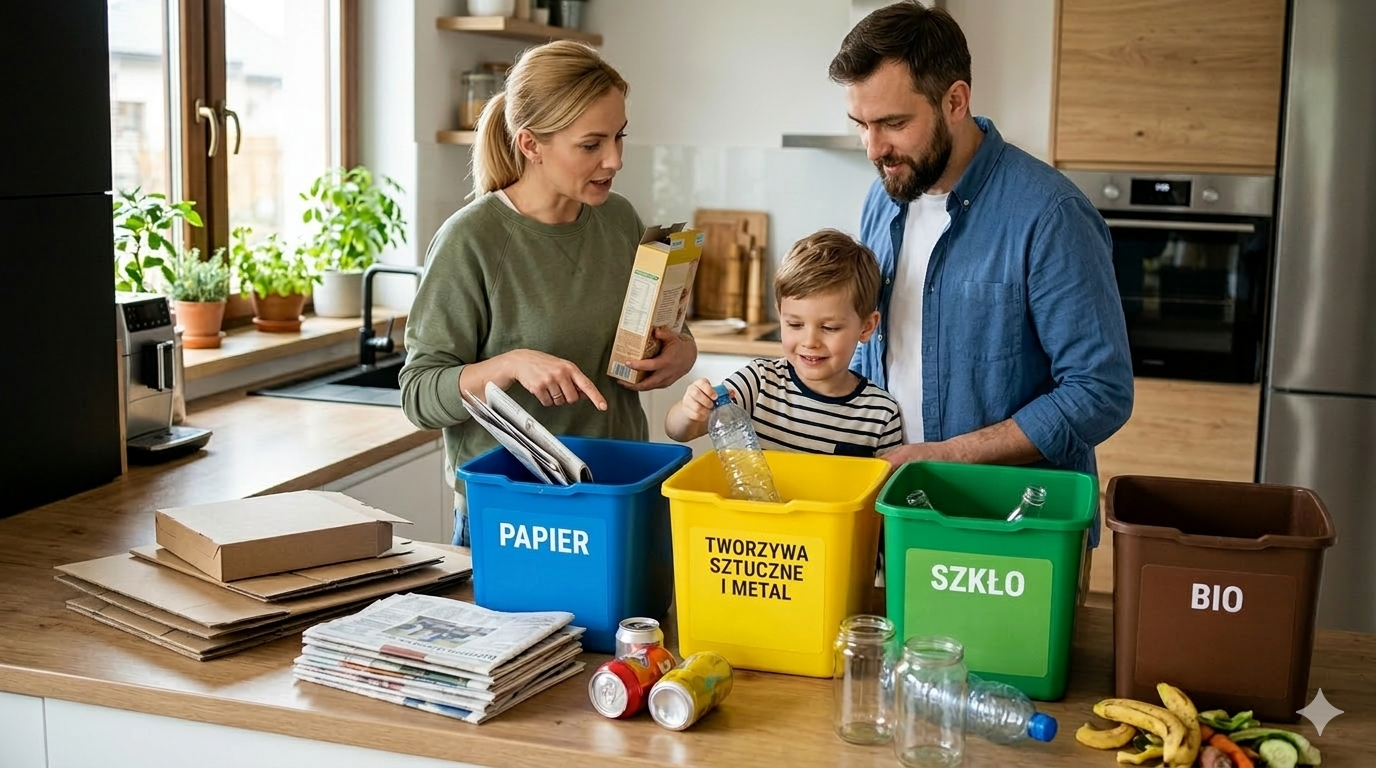Obraz przedstawia jasną, nowoczesną kuchnię, w której rodzice wraz z kilkuletnim synem wspólnie segregują odpady