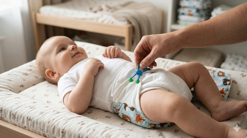 Grafika przedstawia zbliżenie na niemowlę leżące na przewijaku, uchwycone w momencie zakładania pieluszki tetrowej