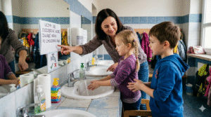 Obraz przedstawia realistyczną scenę w jasnej, szkolnej lub przedszkolnej łazience