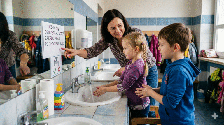 Obraz przedstawia realistyczną scenę w jasnej, szkolnej lub przedszkolnej łazience