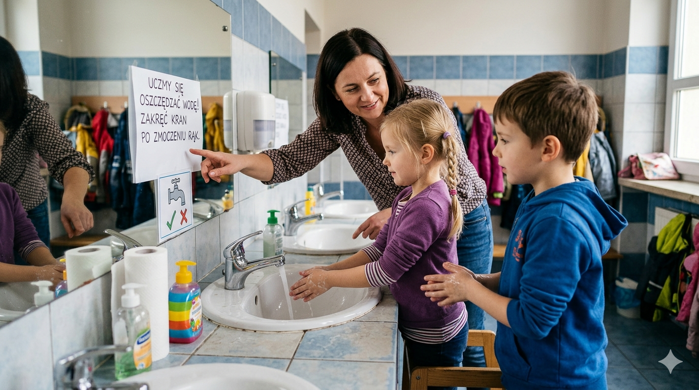 Obraz przedstawia realistyczną scenę w jasnej, szkolnej lub przedszkolnej łazience