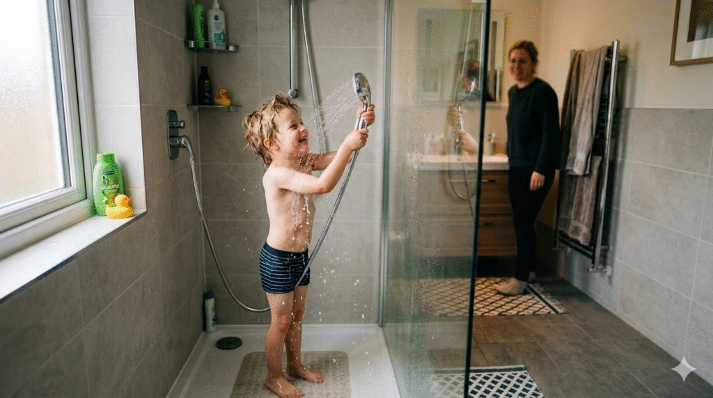 Obraz przedstawia jasne, nowoczesne wnętrze łazienki utrzymane w stonowanej kolorystyce szarości i beżu