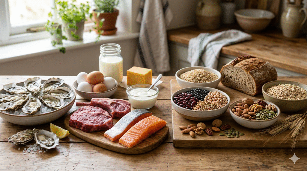 Grafika to realistyczne zdjęcie typu still life (martwa natura), przedstawiające różnorodne produkty spożywcze ułożone na rustykalnym, drewnianym stole w jasnej kuchni