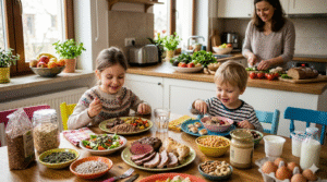 Grafika przedstawia jasną, przytulną kuchnię i jadalnię w porze posiłku